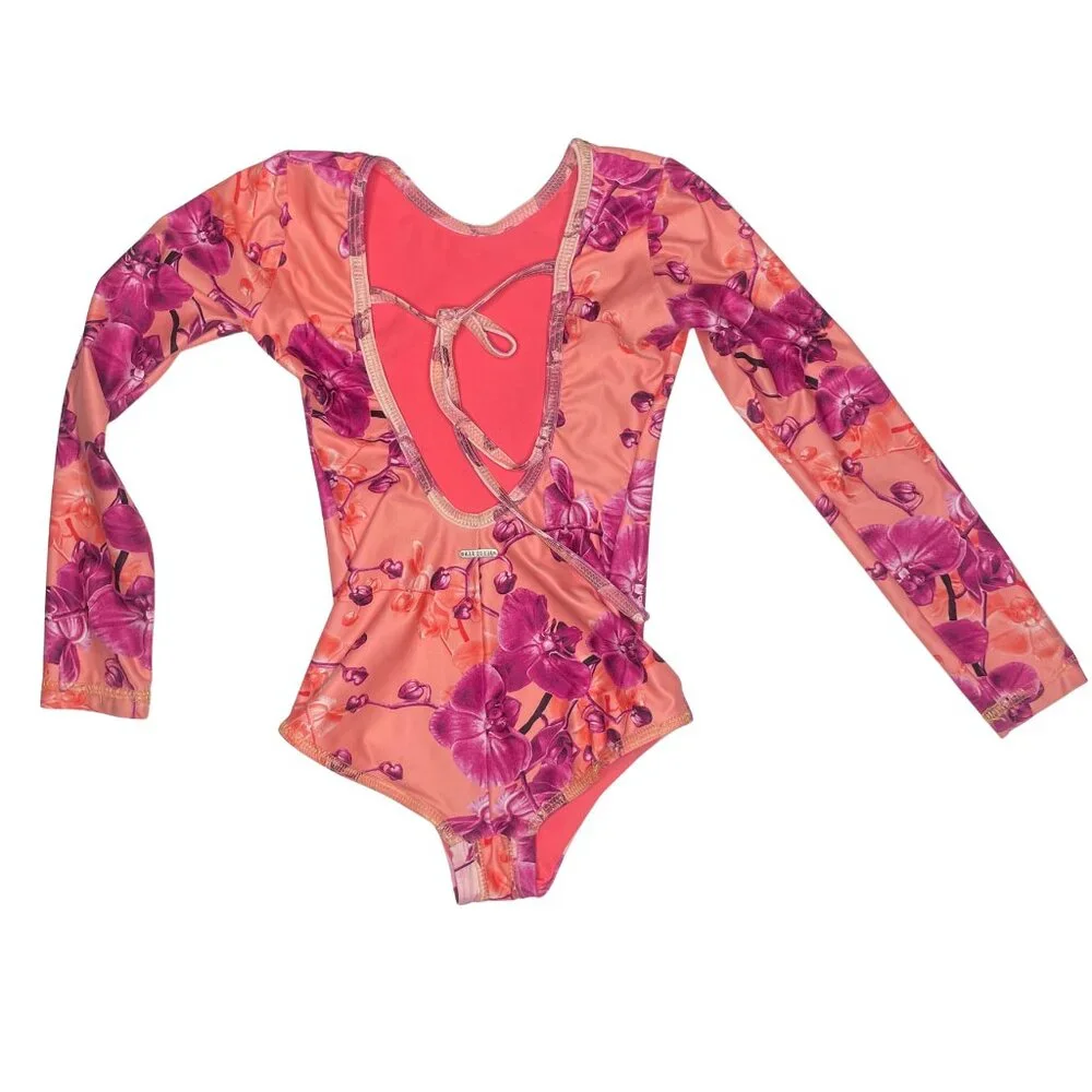 Mar de Lua Girls Orchid Floral Long Sleeve One Piece Swimsuit Size 6
